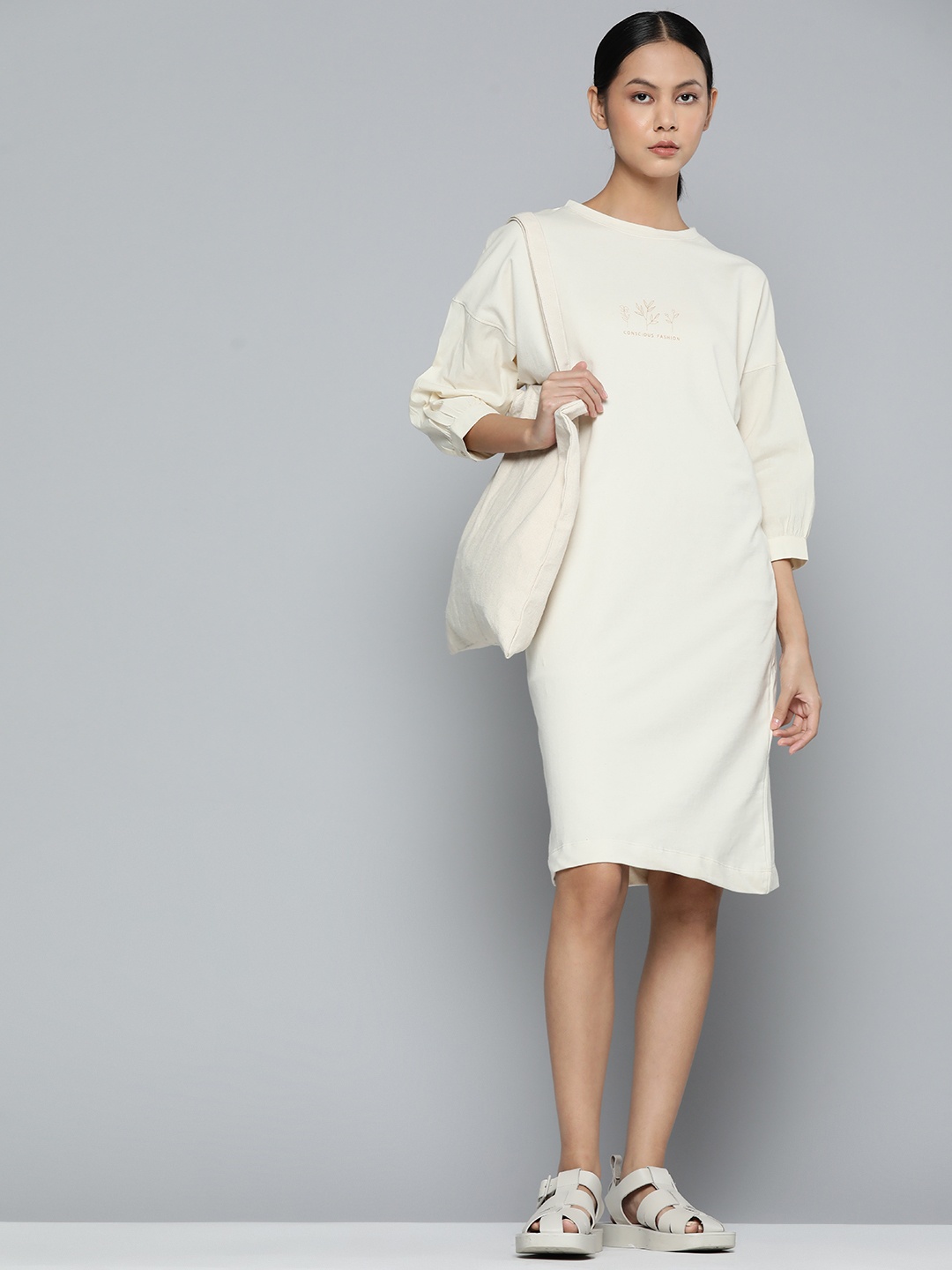 

ether Kora Collection Women Off White Printed Sustainable Pure Cotton T-shirt Dress