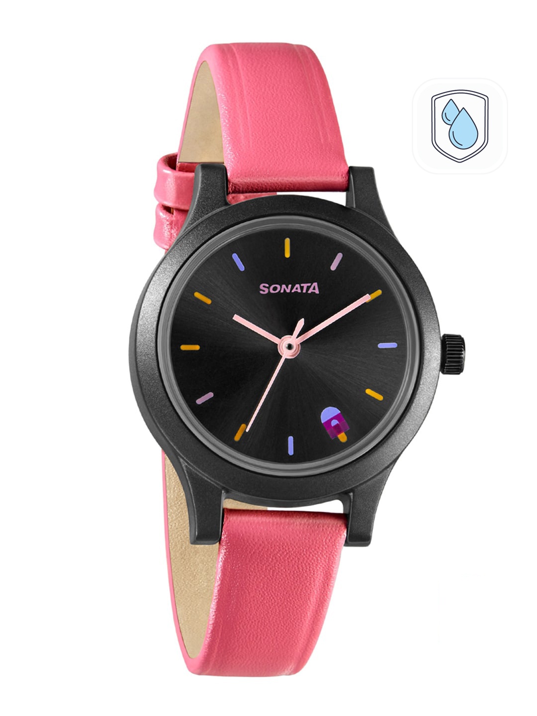 

Sonata Women Black Dial & Pink Leather Strap Analogue Watch