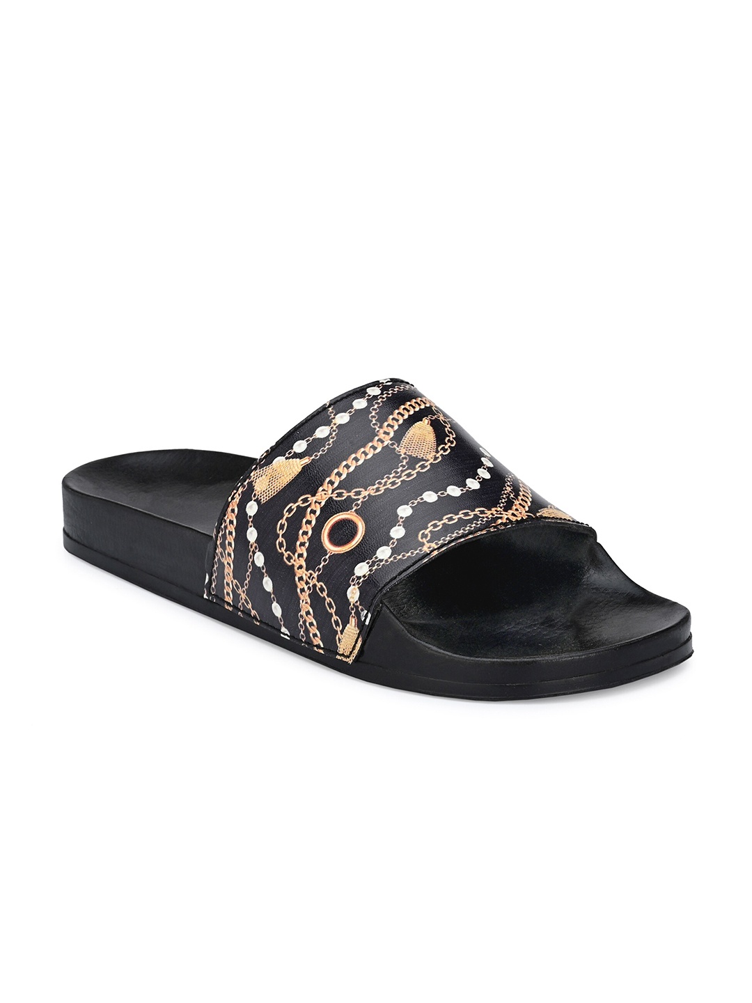 

KLEAT Men Black & Gold-Toned Printed Sliders