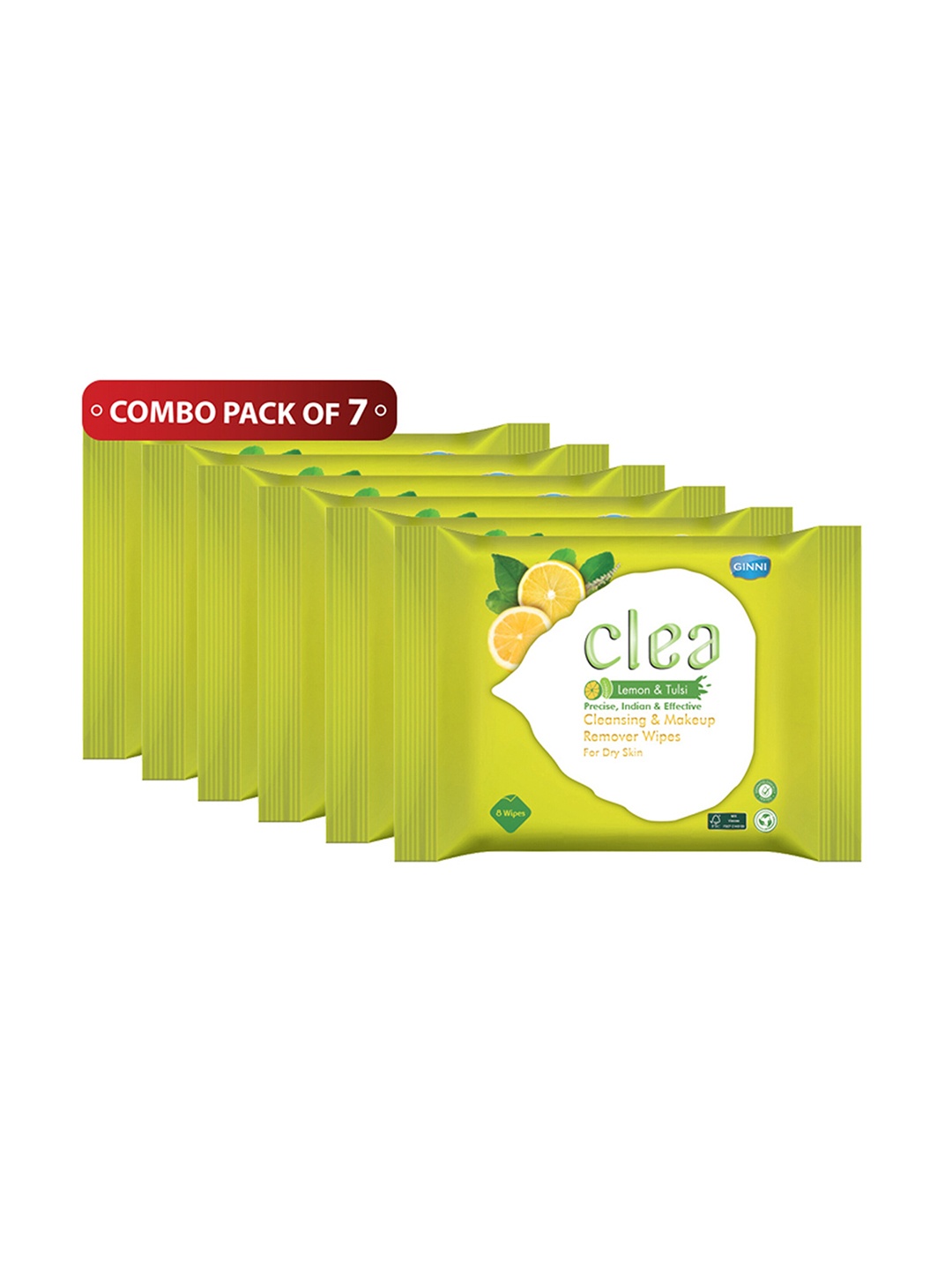 

Clea Set of 7 Lemon & Tulsi Cleansing & Makeup Remover Wet Wipes - 8 Wipes Per Pack, Yellow