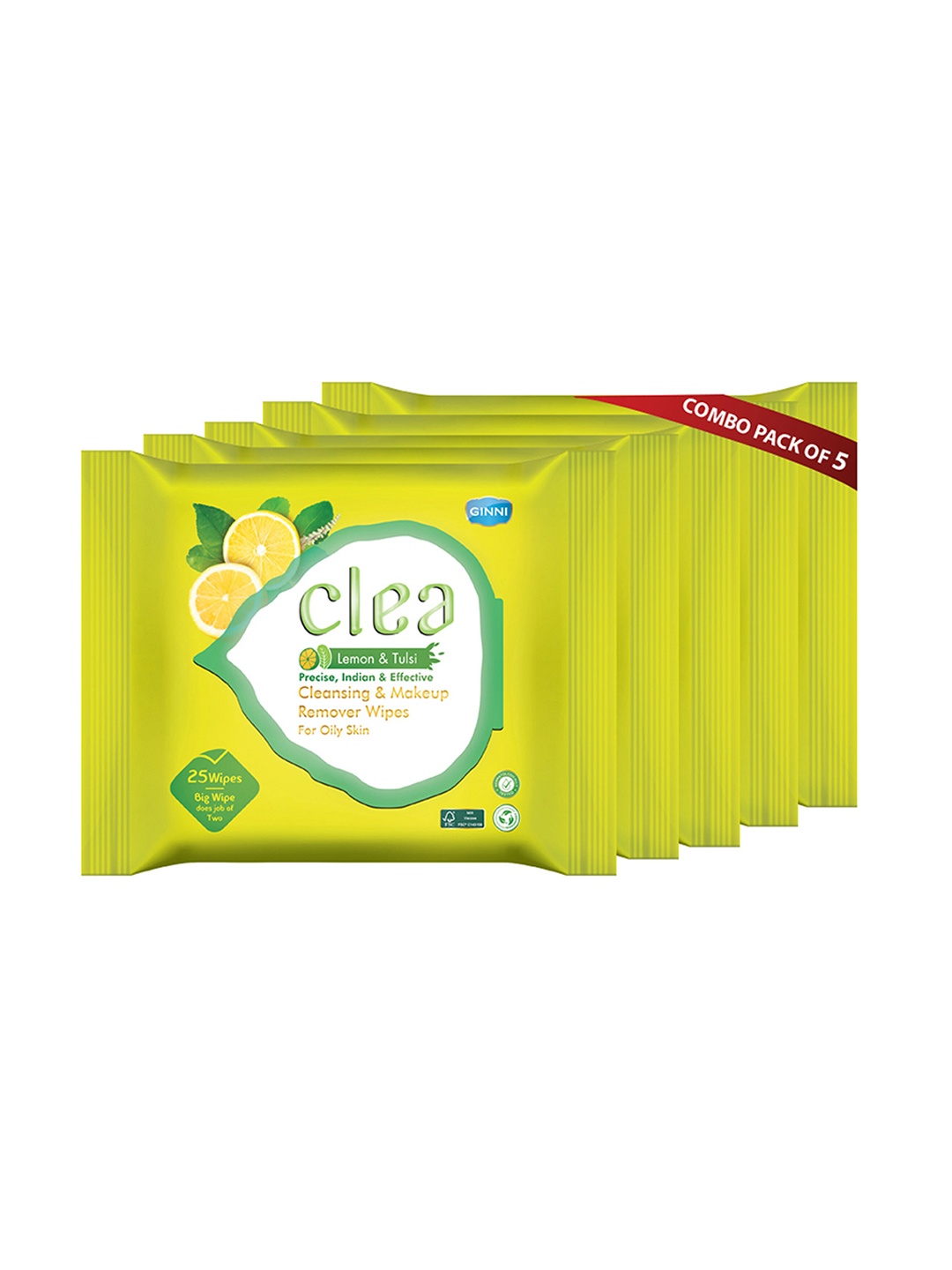 

Clea Set of 5 Lemon & Tulsi Cleansing & Makeup Remover Wet Wipes - 25 Wipes Per Pack, Yellow