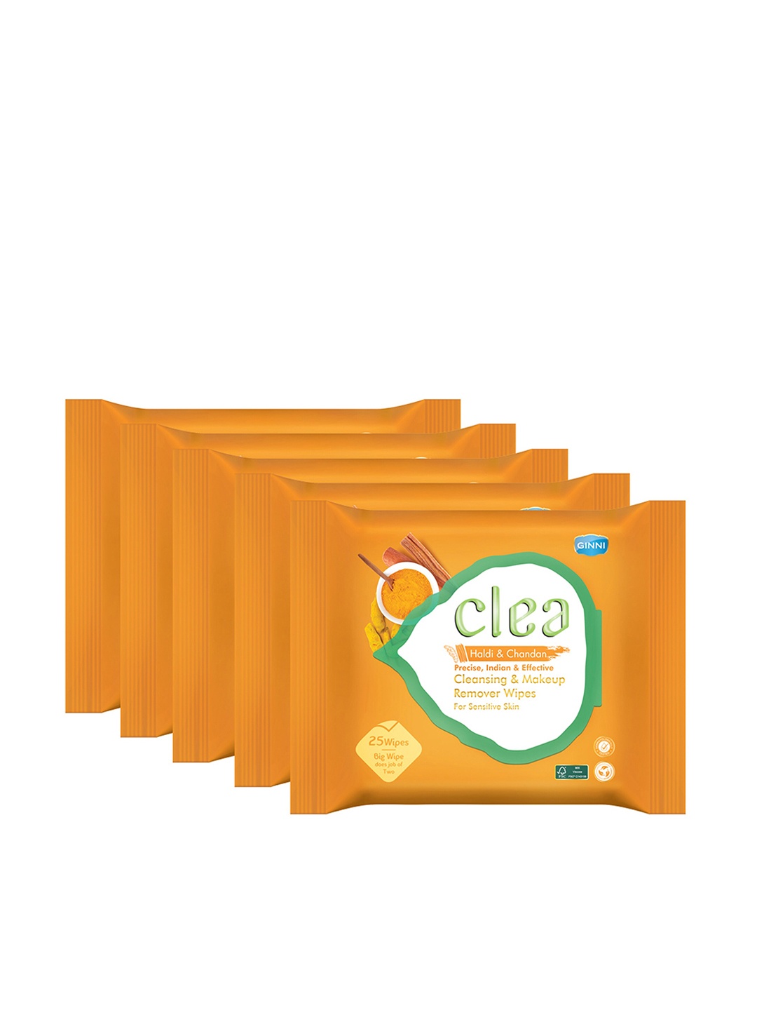 

Clea Set of 5 Haldi & Chandan Cleansing & Makeup Remover Wet Wipes - 25 Wipes Per Pack), Orange