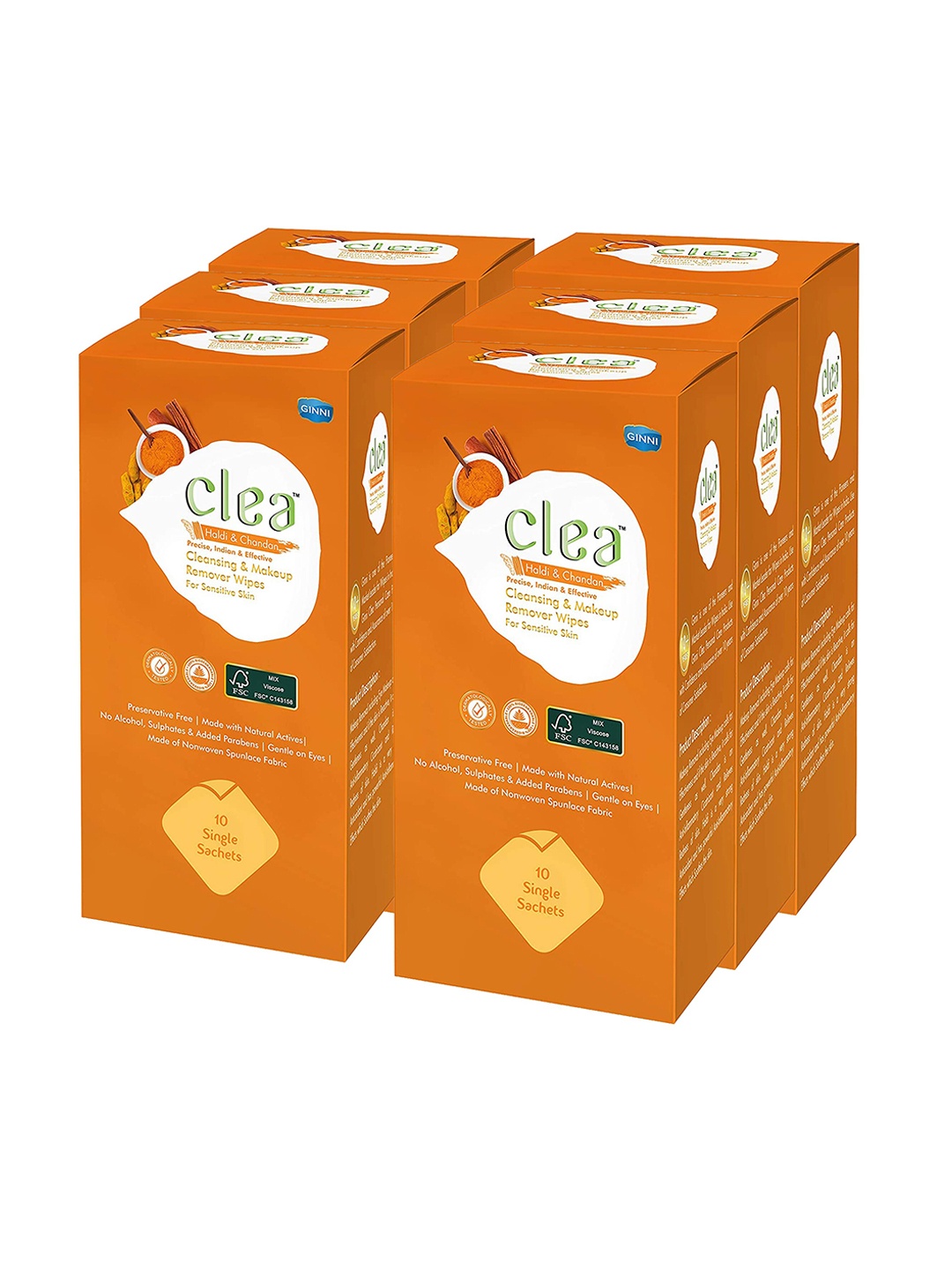 

Clea Set of 6 Haldi & Chandan Cleansing & Makeup Remover Wet Wipes - 10 Pulls each, Orange