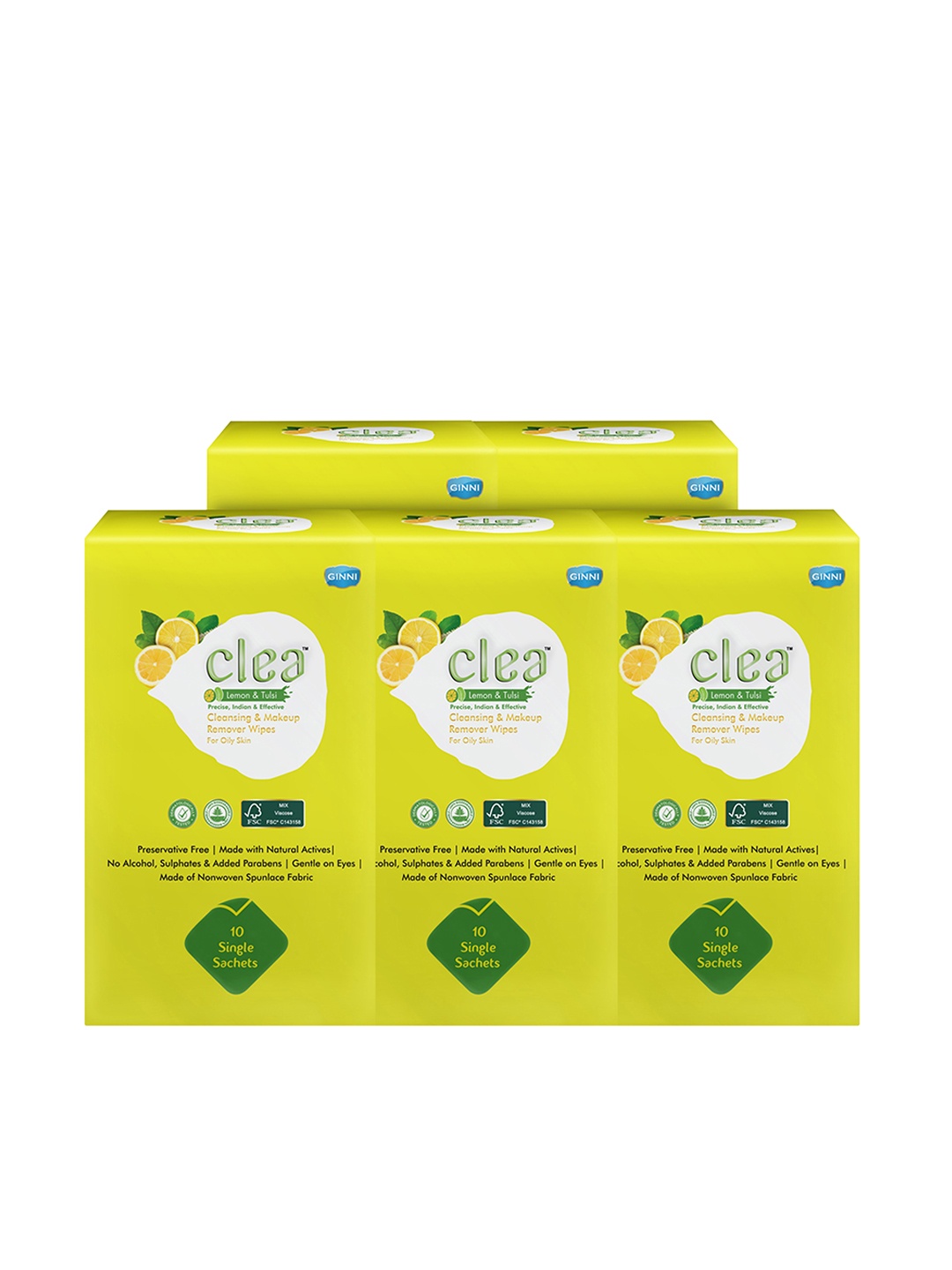 

Clea Set of 5 Lemon & Tulsi Cleansing & Makeup Remover Wet Wipes - 10 Pulls each, Yellow