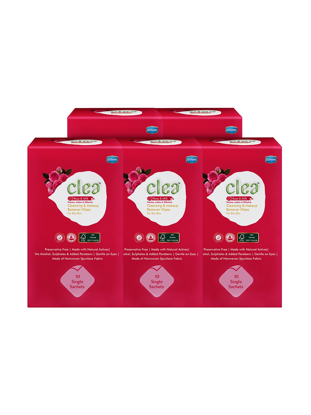 

Clea Set of 5 Rose & Milk Cleansing & Makeup Remover Wet Wipes - 10 Pulls each, Red