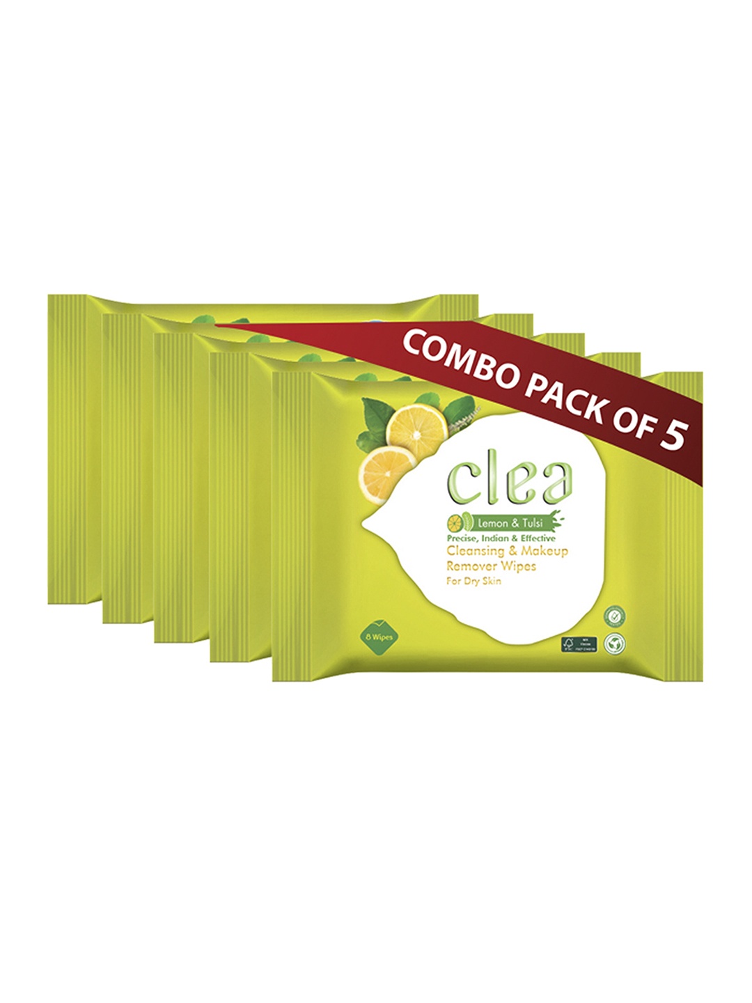 

Clea Set of 5 Lemon & Tulsi Cleansing & Makeup Remover Wet Wipes - 8 Pulls each, Yellow