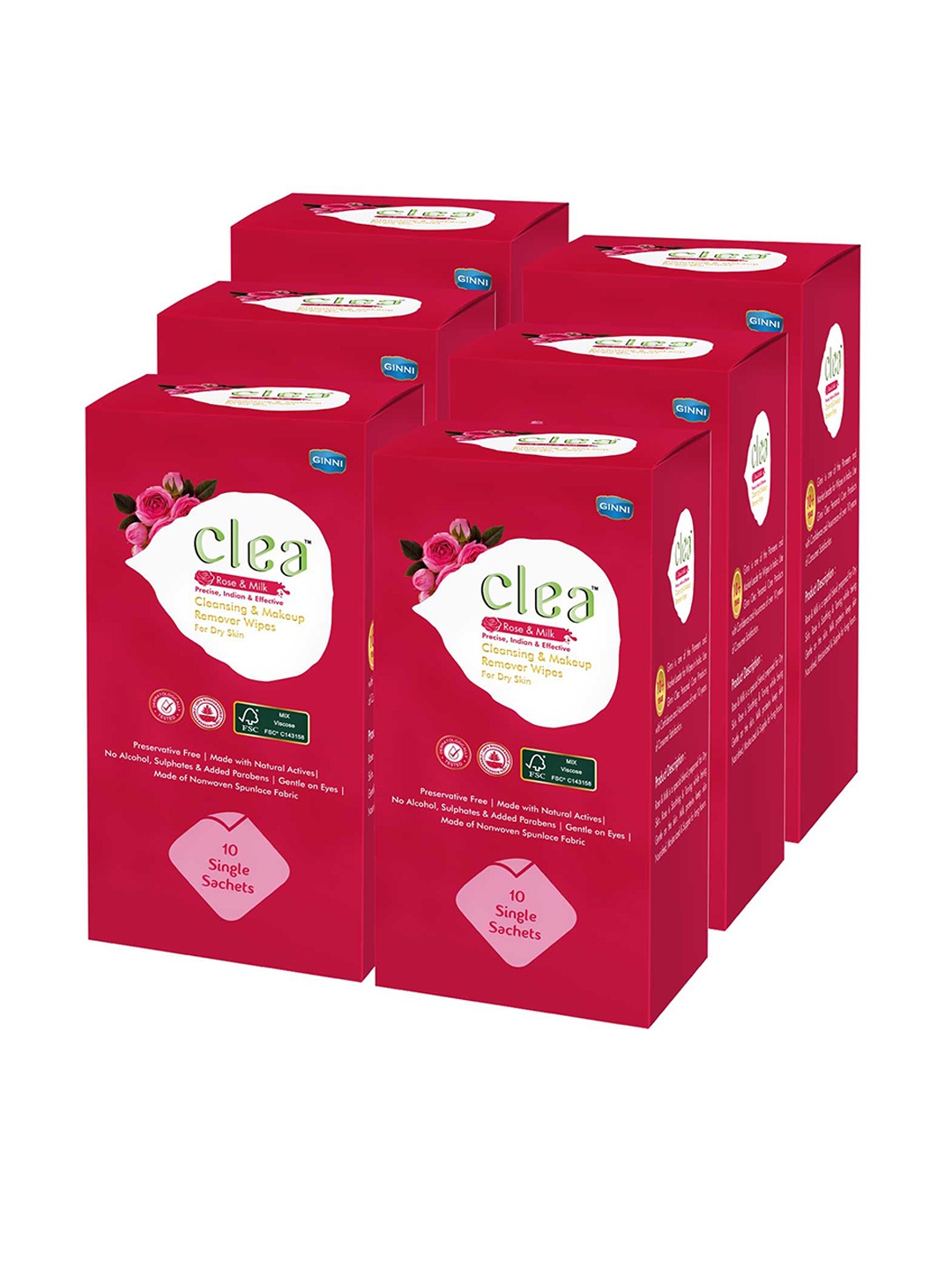 

Clea Set of 6 Rose & Milk Cleansing & Makeup Remover Wet Wipes - 10 Pulls each, Red