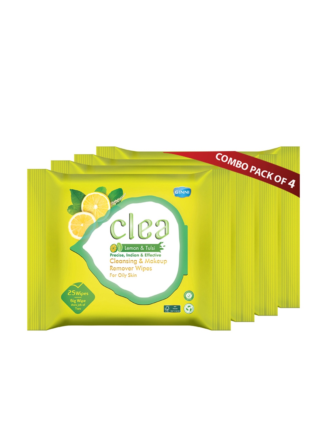 

Clea Set of 4 Lemon & Tulsi Cleansing & Makeup Remover Wet Wipes - 25 Pulls each, Yellow