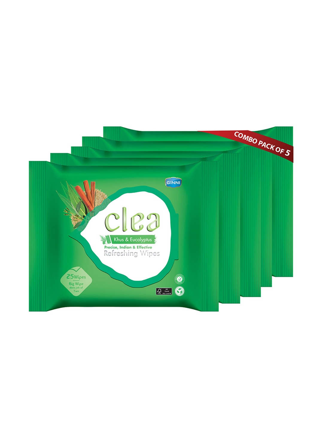 

Clea Set of 5 Khus & Ecualyptus Refreshing Wet Wipes - 25 Pulls each, Green