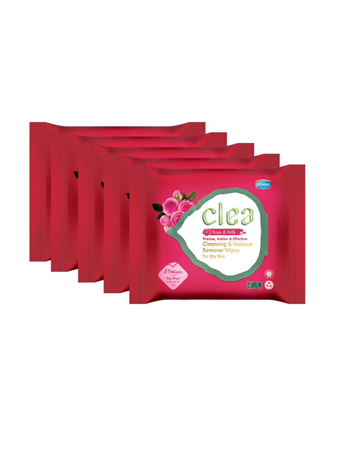 

Clea Set of 5 Rose & Milk Cleansing & Makeup Remover Wet Wipes - 25 Pulls each, Red