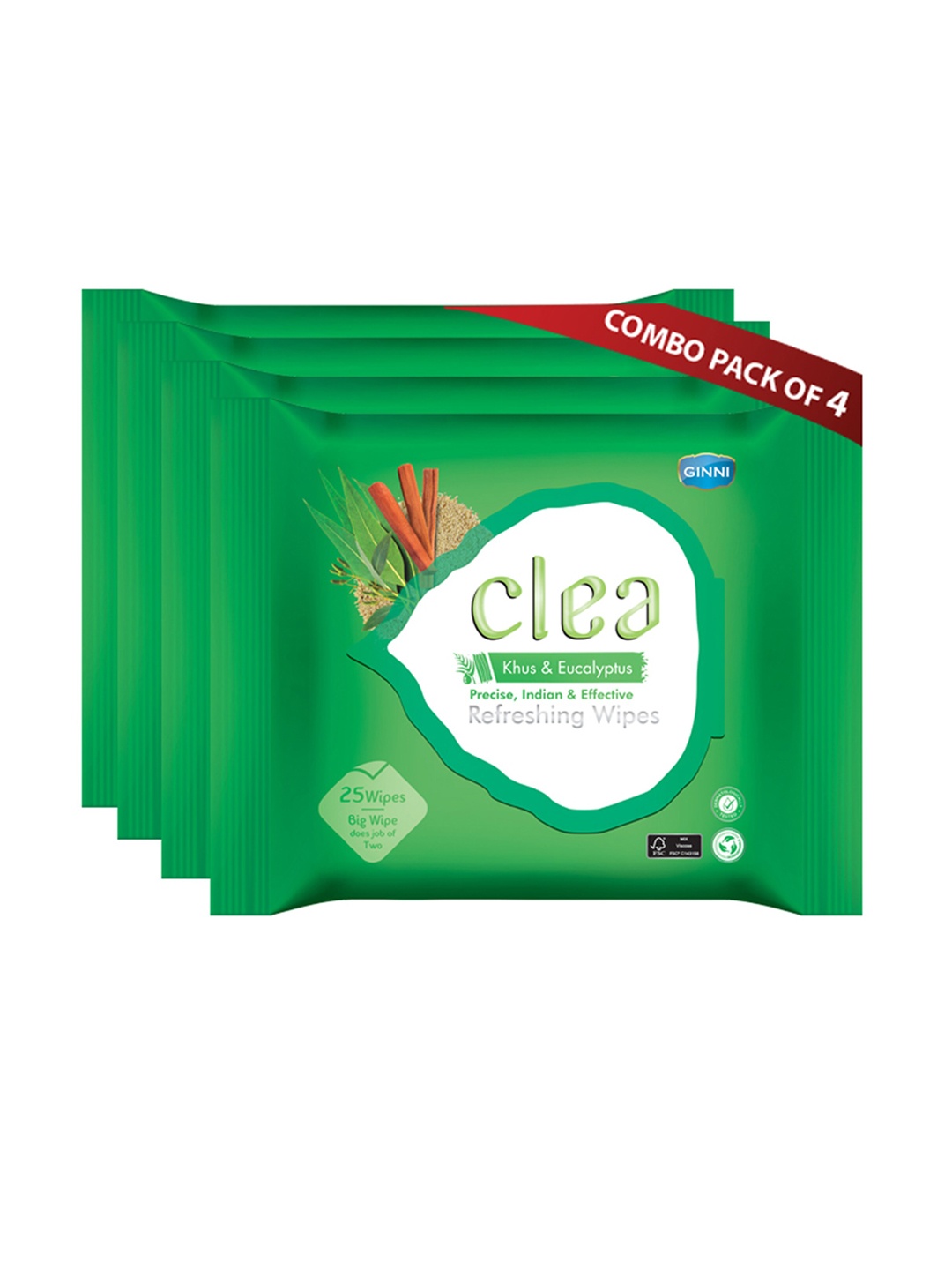 

Clea Set of 4 Khus & Ecualyptus Refreshing Wet Wipes - 25 Pulls each, Green
