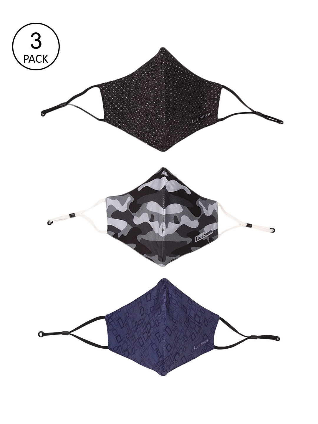 

LOUIS STITCH Men Pack Of 3 Printed 3-Ply Reusable Protective Outdoor Pure Cotton Masks, Black