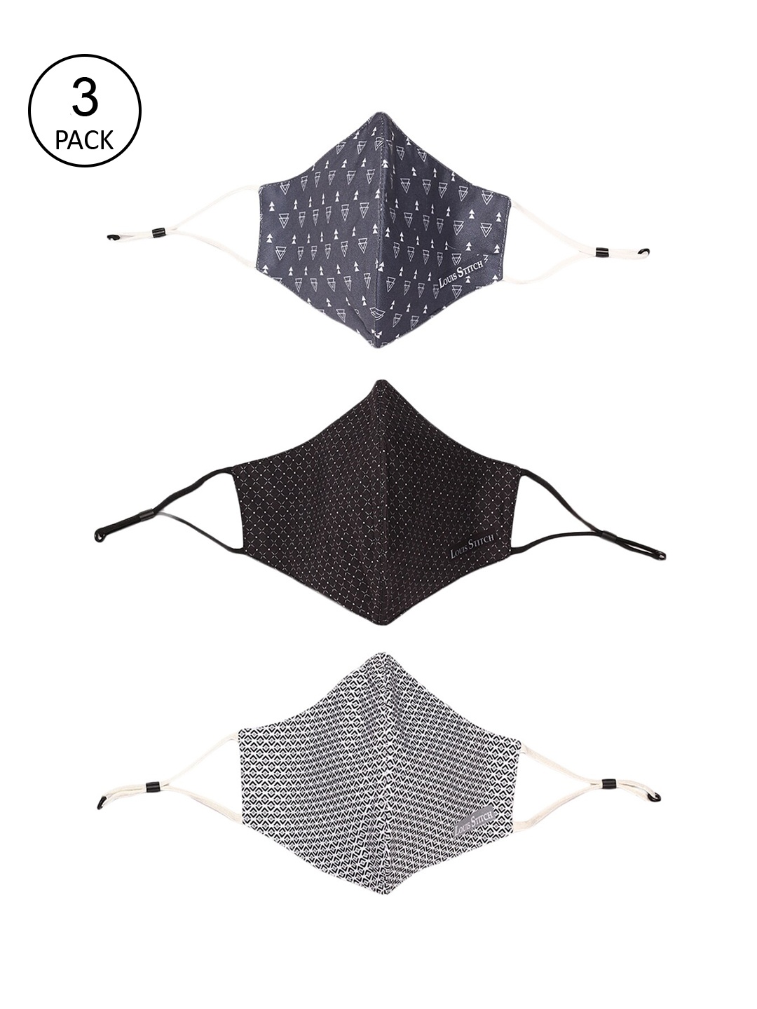 

LOUIS STITCH Men Pack Of 3 Printed 3-Ply Reusable Pure Cotton Protective Outdoor Masks, Grey