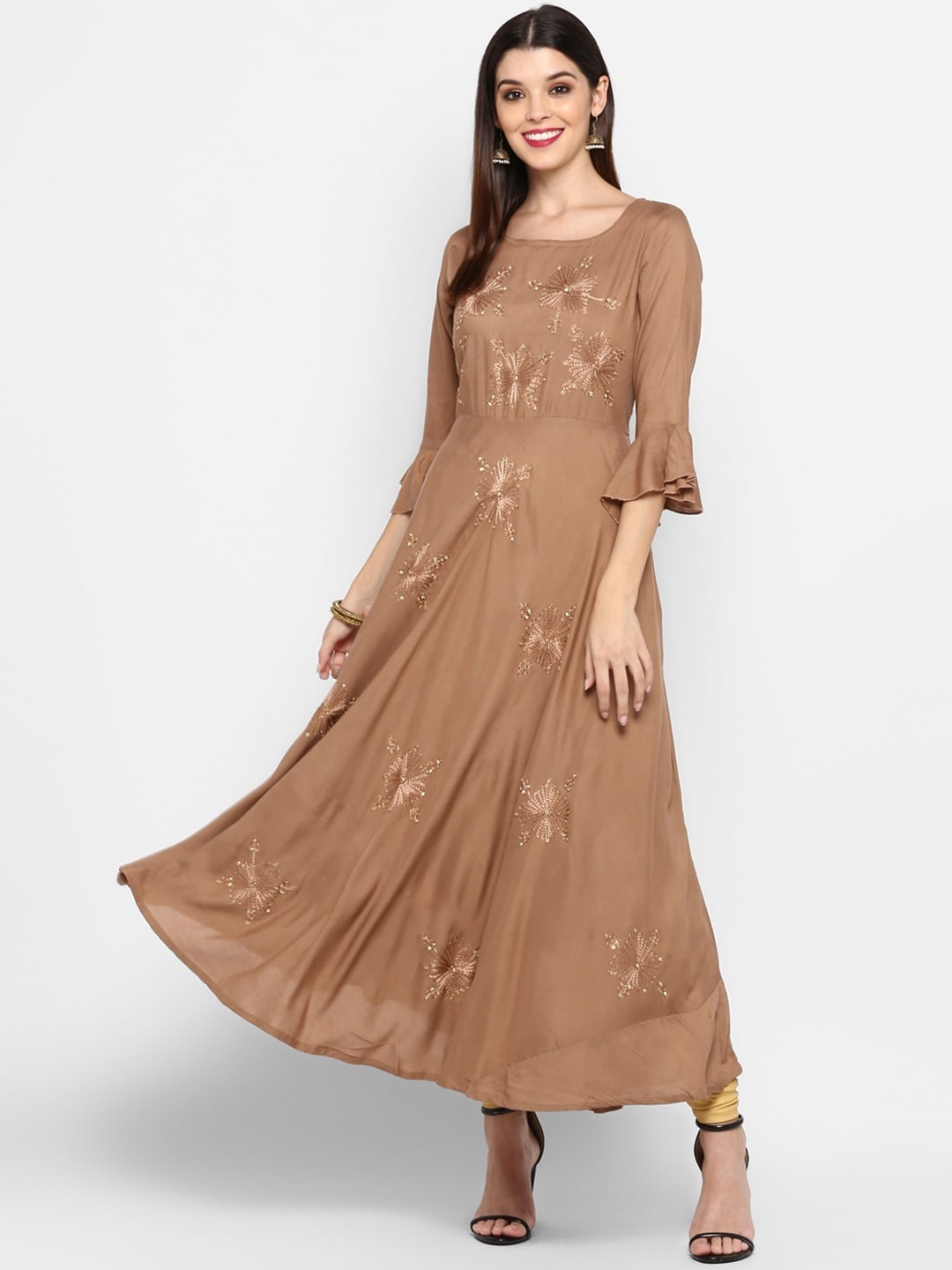 

Vbuyz Women Brown Floral Embroidered Flared Sleeves Anarkali Kurta