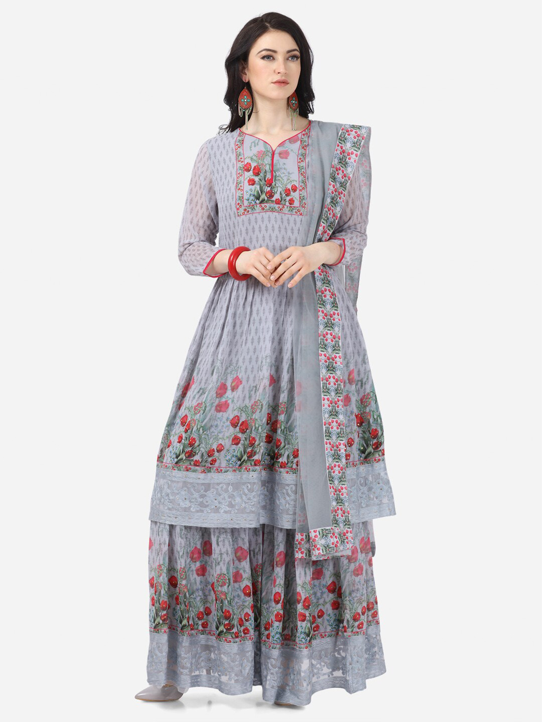 

DIVASTRI Grey & Red Printed Poly Georgette Semi-Stitched Dress Material