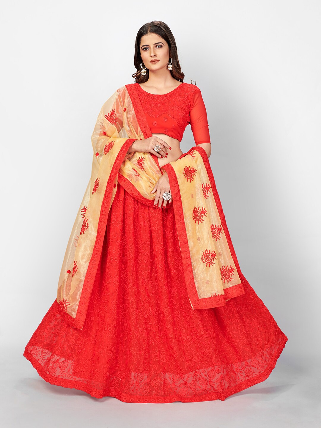 

SHOPGARB Red & Cream-Coloured Embroidered Thread Work Unstitched Lehenga & Blouse With Dupatta