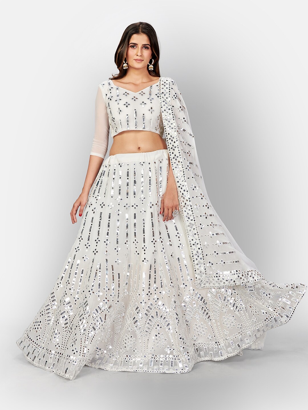 

SHOPGARB White & Silver-Toned Embellished Mirror Work Semi-Stitched Lehenga Choli
