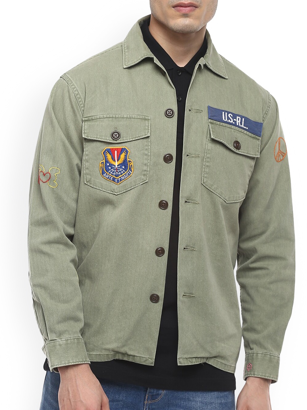 

Polo Ralph Lauren Men Olive Green Washed Tailored Jacket with Patchwork