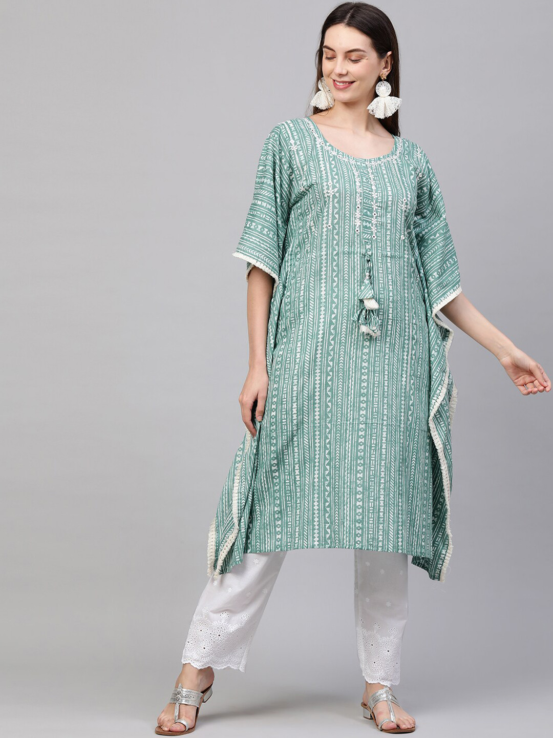 

FASHOR Women Sea Green Printed Pure Cotton Kurta with Trousers