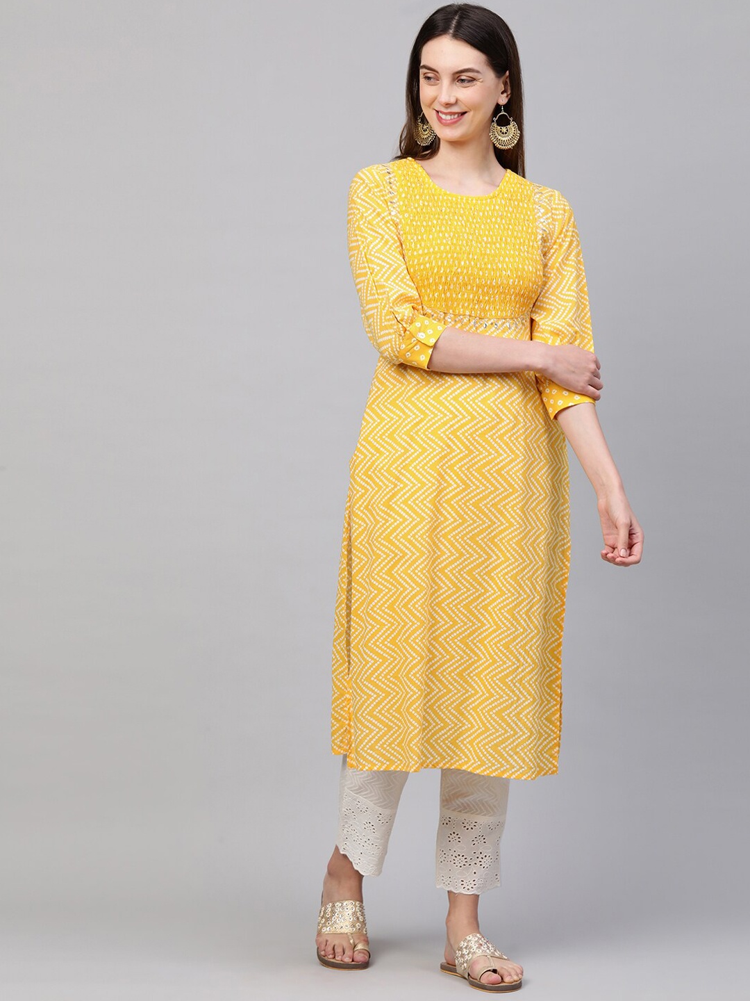 

FASHOR Women Yellow Gota Patti Embroidered Bandhani Printed Cotton Kurta with Trousers