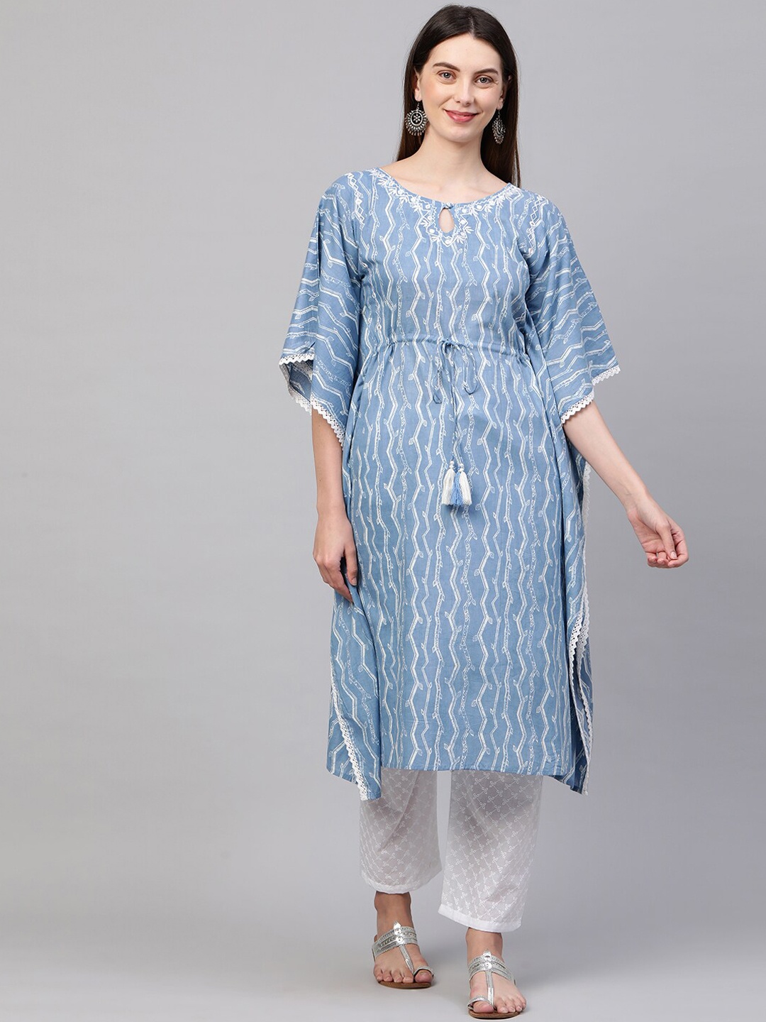

FASHOR Women Blue Printed Pure Cotton Kurti with Palazzos