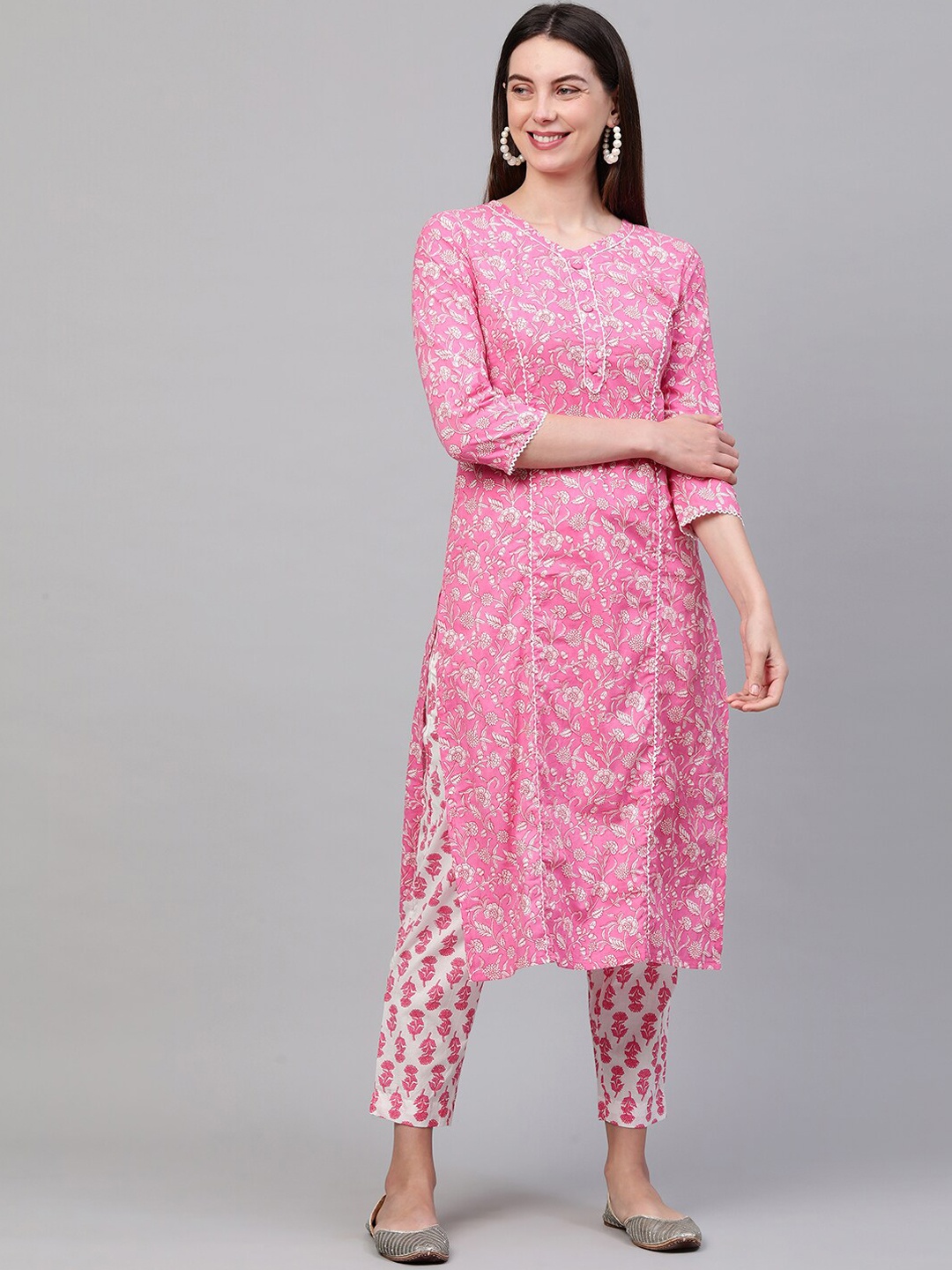 

FASHOR Women Pink Floral Printed Pure Cotton Kurta with Trousers