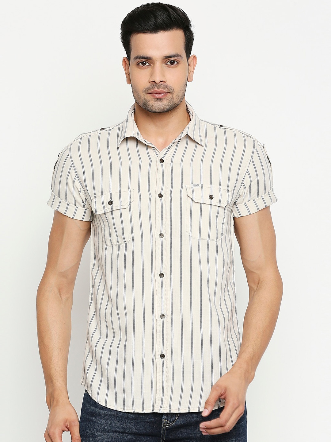 

Mufti Men Beige & Navy Blue Pure Cotton Slim Fit Vertical Striped Casual Shirt