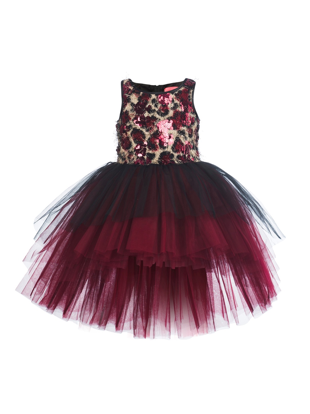 

Toy Balloon kids Girls Maroon & Black Embellished High-Low Fit & Flare Netted Dress