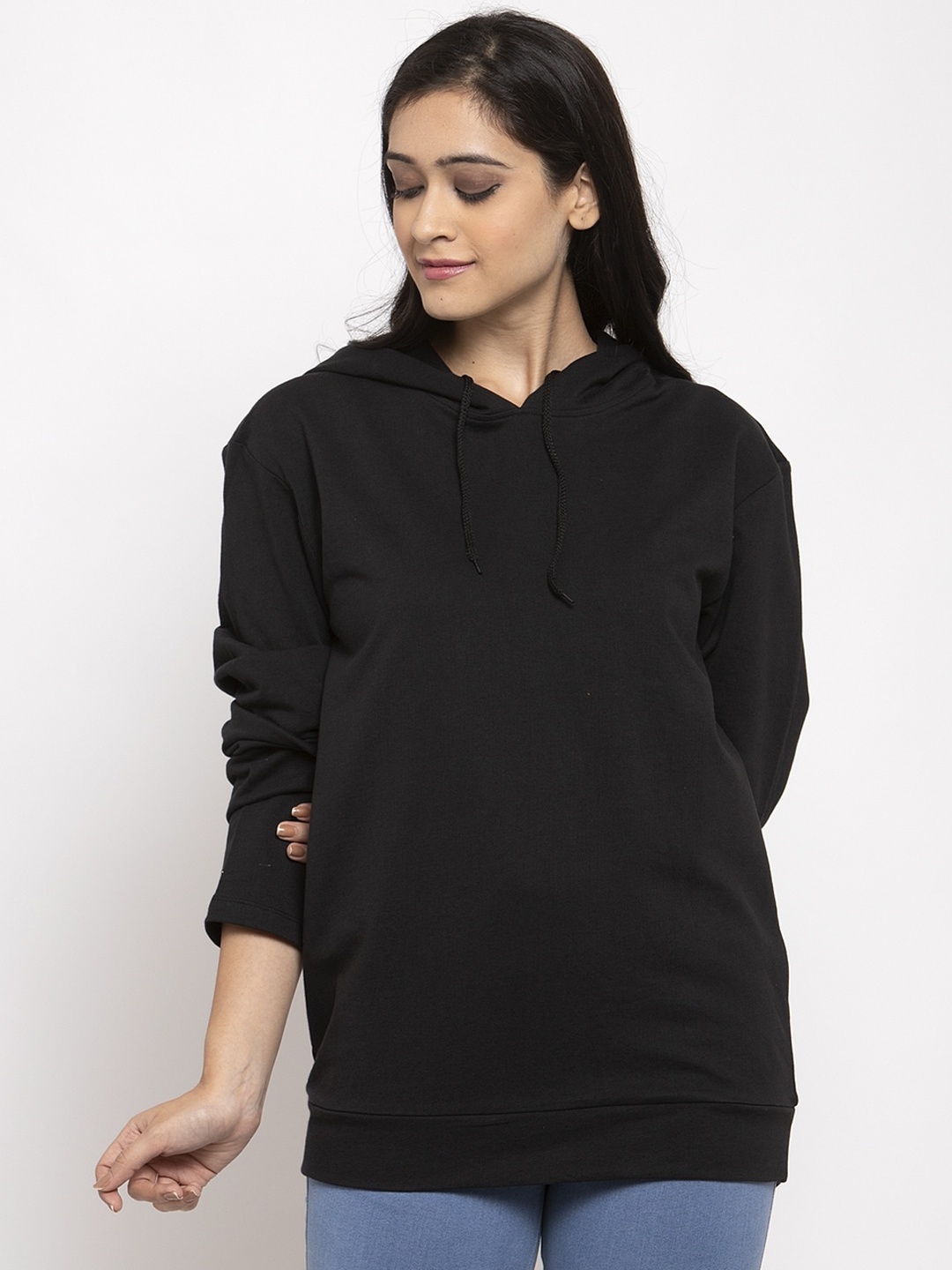 

DOOR74 Women Black Hooded Sweatshirt