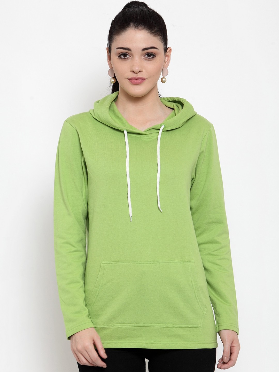 

DOOR74 Women Green Hooded Cotton Pullover Sweatshirt