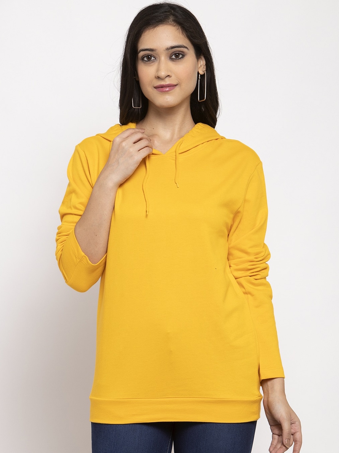 

DOOR74 Women Yellow Solid Hooded Sweatshirt