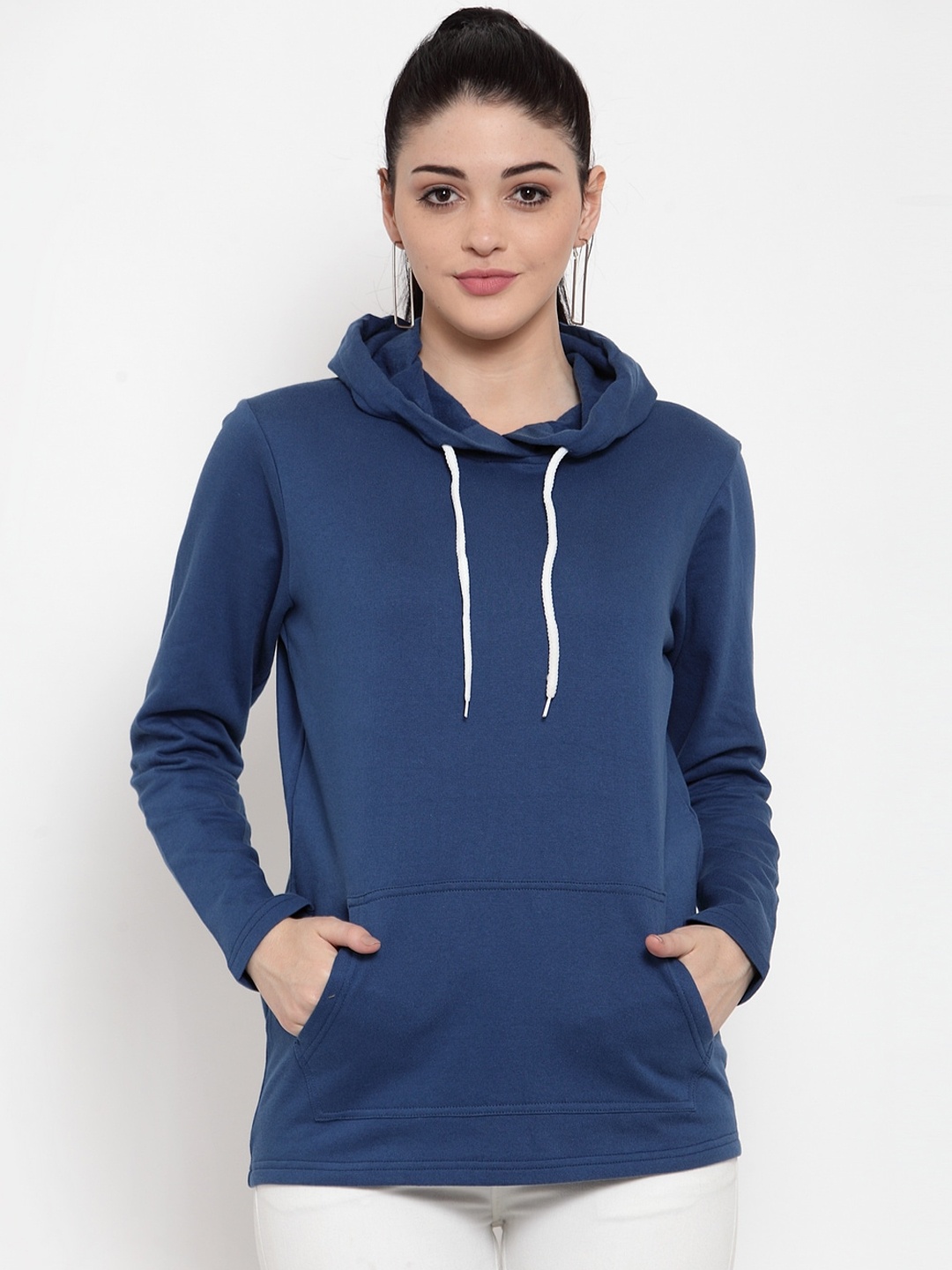 

DOOR74 Women Navy Blue Solid Longline Hooded Sweatshirt