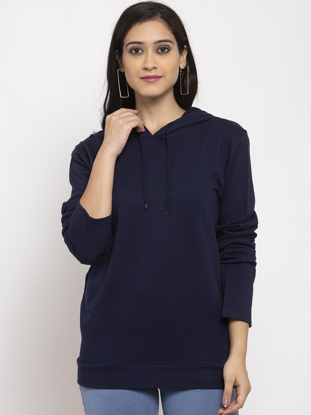 

DOOR74 Women Navy Blue Hooded Pullover Sweatshirt