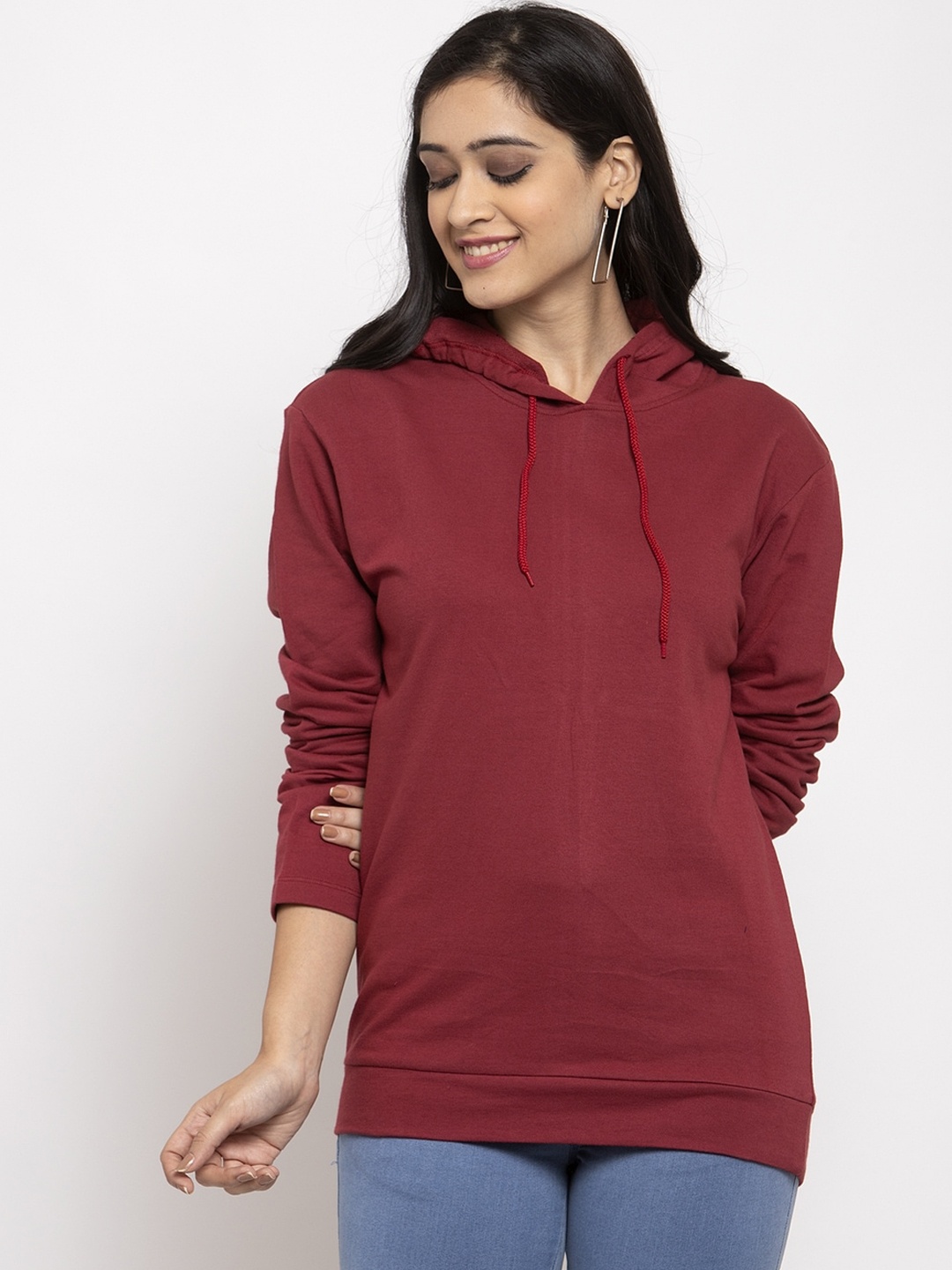 

DOOR74 Women Maroon Solid Hooded Pullover Sweatshirt