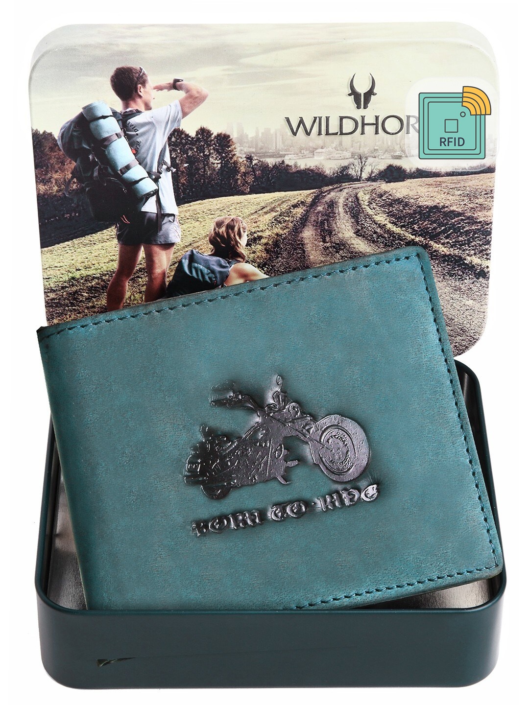 

WildHorn Men Blue & Black Graphic Printed Leather Two Fold Wallet with RFID