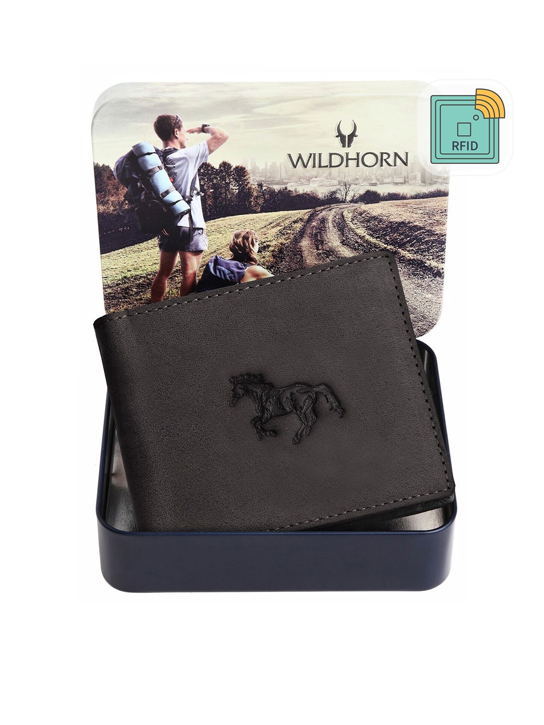 

WildHorn Men Grey Graphic Printed Leather Two Fold Wallet with RFID