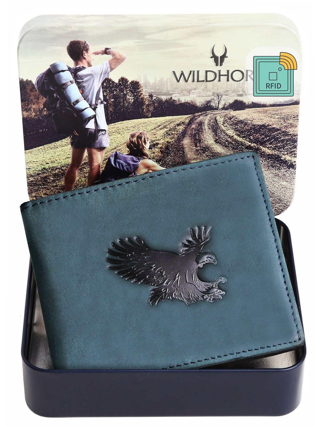 

WildHorn Men Blue & Black Self Design RFID Leather Two Fold Wallet