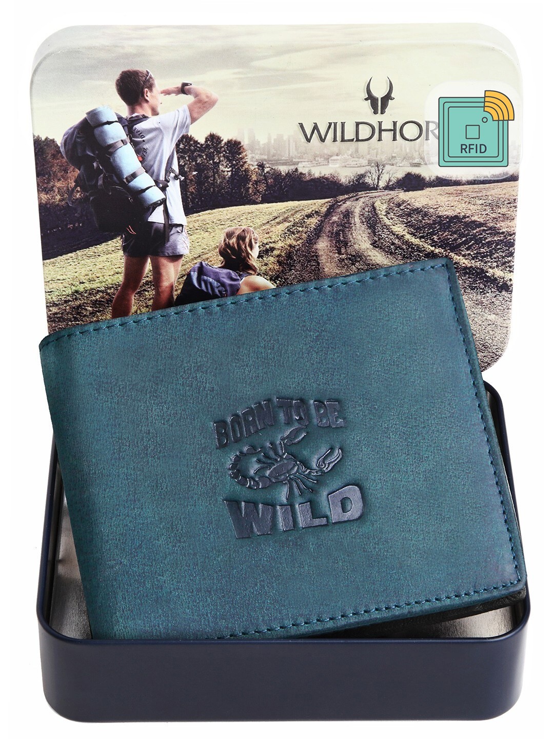 

WildHorn Men Blue Printed Leather Two Fold Wallet with RFID