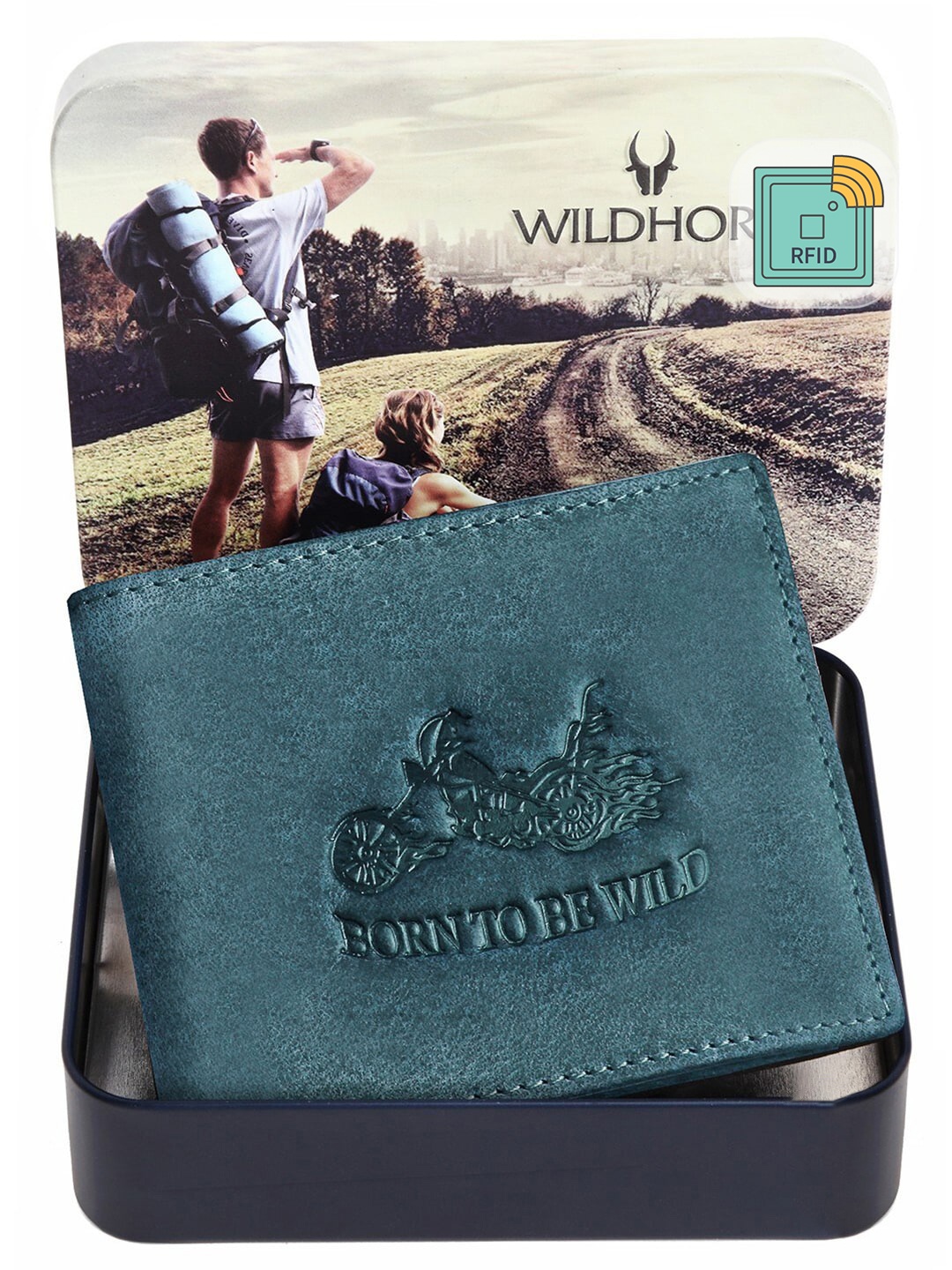 

WildHorn Men Blue Self Design RFID Leather Two Fold Wallet