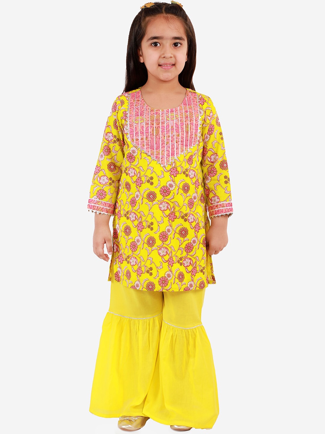 

LIL DRAMA Girls Yellow Floral Printed Pure Cotton Kurti with Sharara