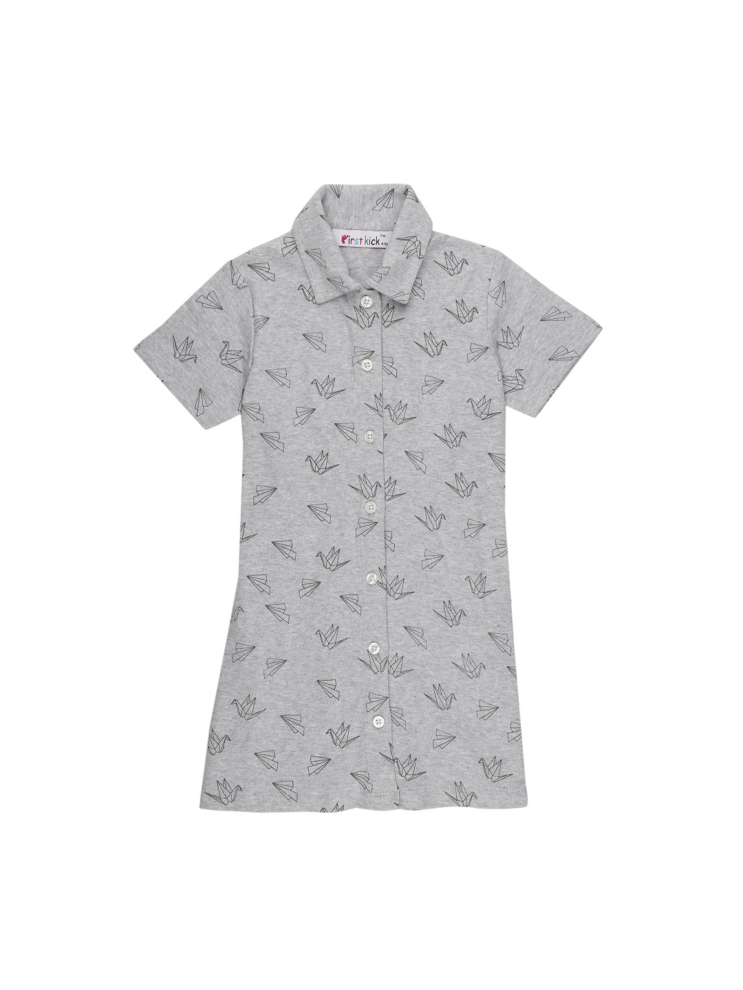 

First Kick Girls Grey Melange Geometric Printed Shirt Dress