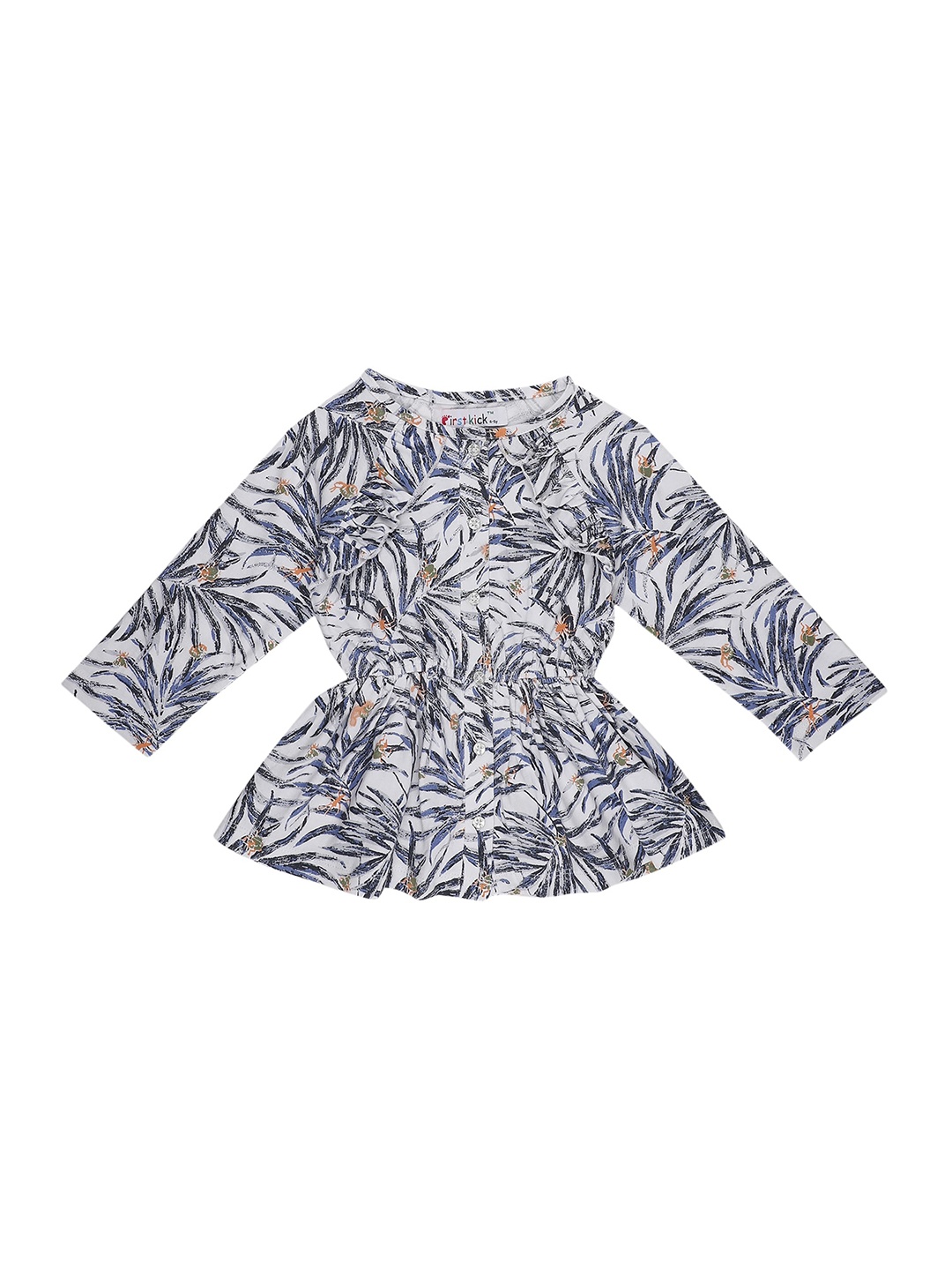 

First Kick Girls White & Black Tropical Printed Pure Cotton Cinched Waist Top