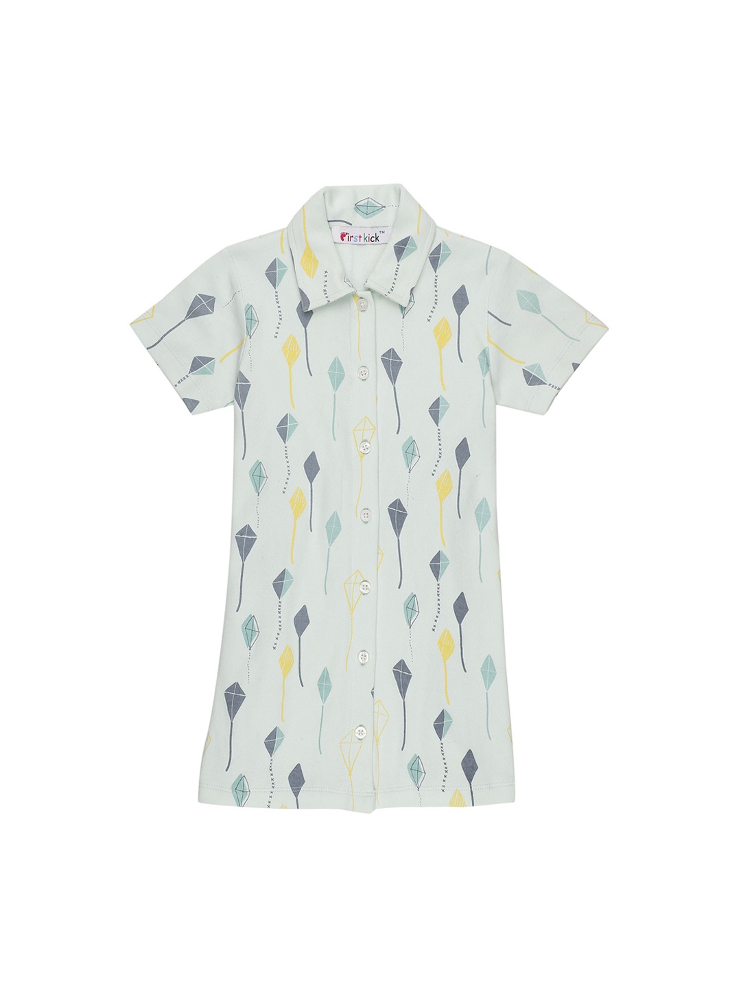 

First Kick Girls Sea Green & Yellow Conversational Printed A-Line Dress