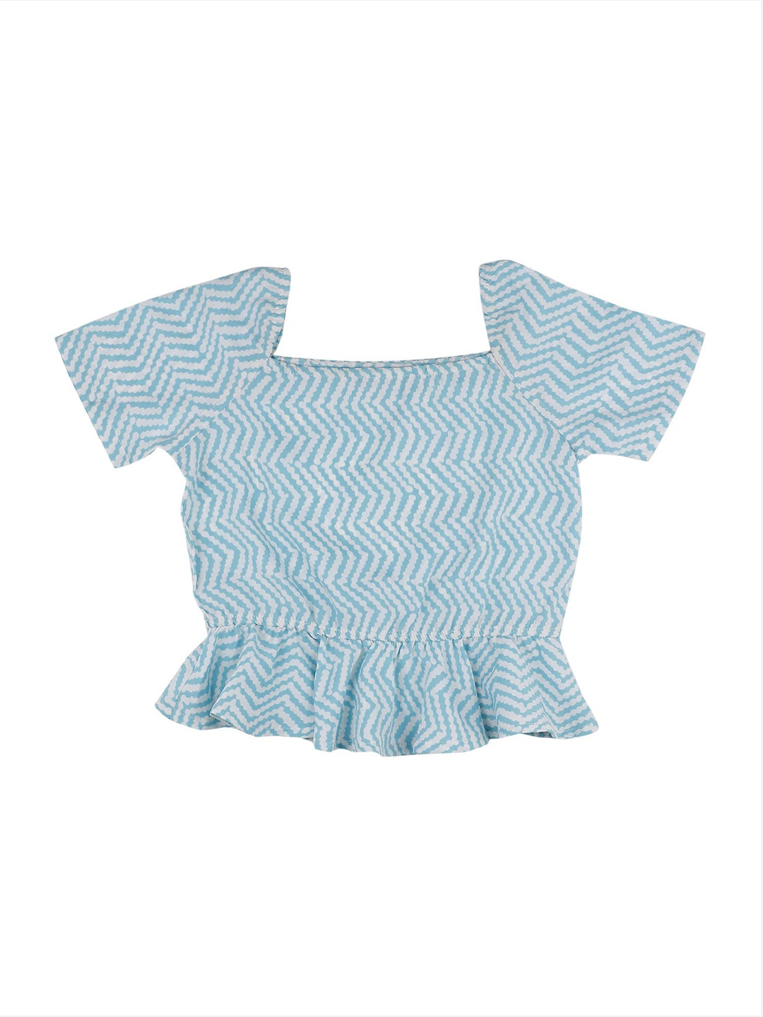 

First Kick Blue Puff Sleeve Ruffles Crepe Peplum Top