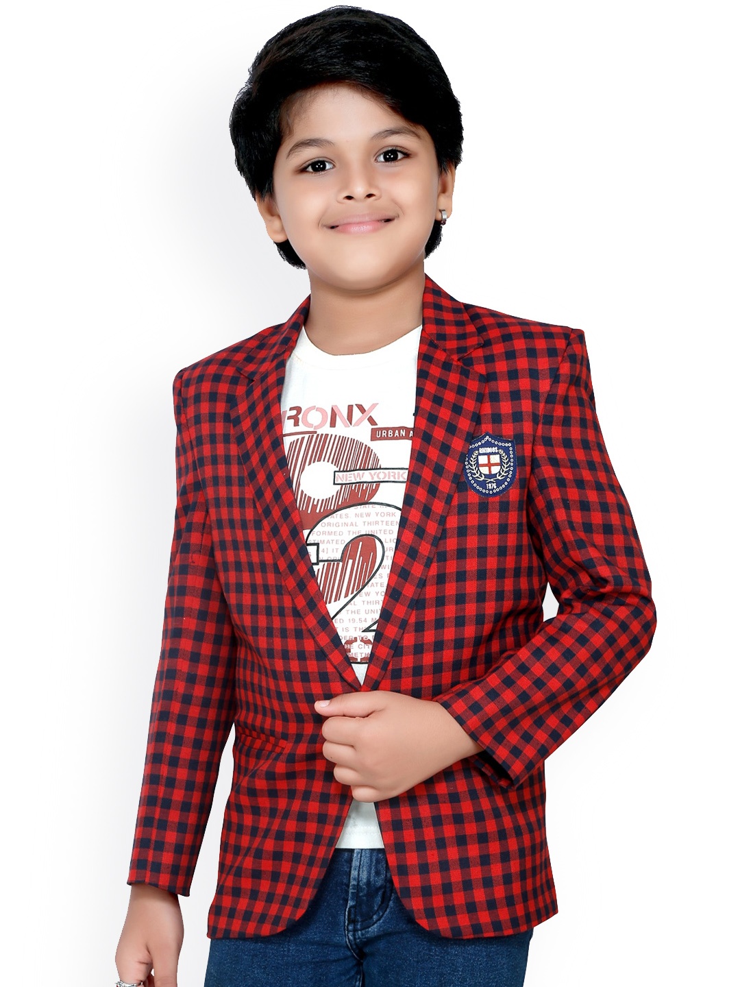 

RIKIDOOS Boys Red & Blue Checked Comfort-Fit Single-Breasted Blazer