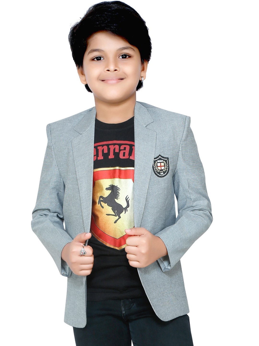 

RIKIDOOS Boys Grey Solid Comfort-Fit Cotton Single-Breasted Casual Blazer