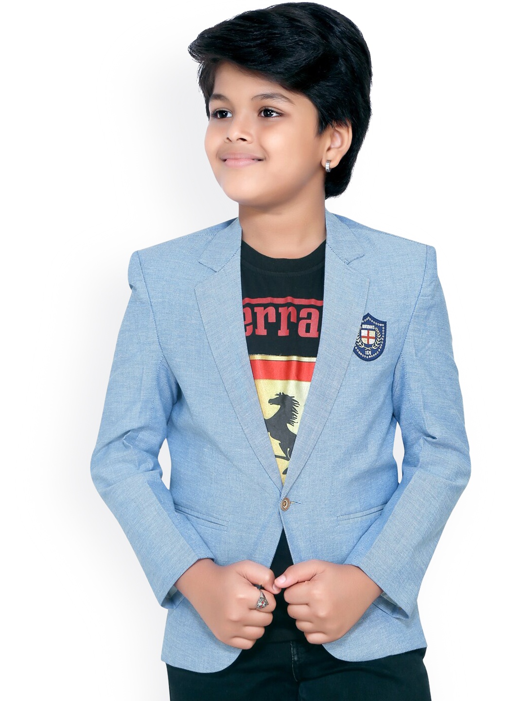 

RIKIDOOS Boys Blue Solid Comfort-Fit Cotton Sustainable Single-Breasted Casual Blazer