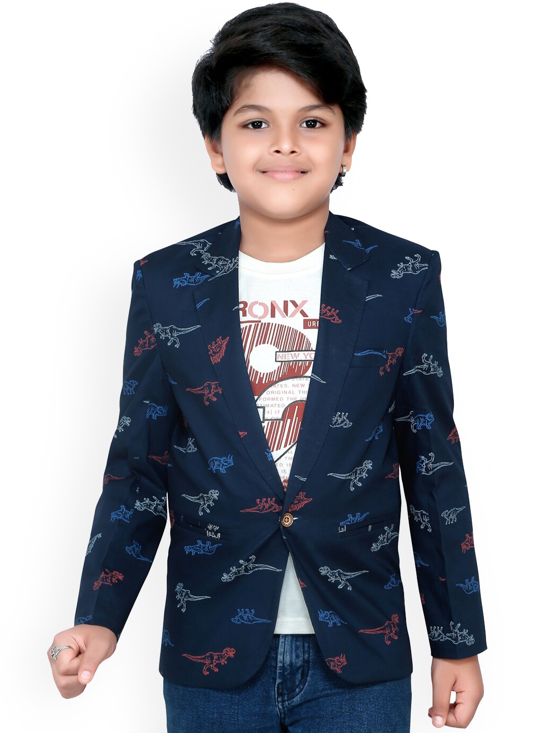 

RIKIDOOS Boys Navy Blue & Red Printed Comfort-Fit Single-Breasted Cotton Blazer