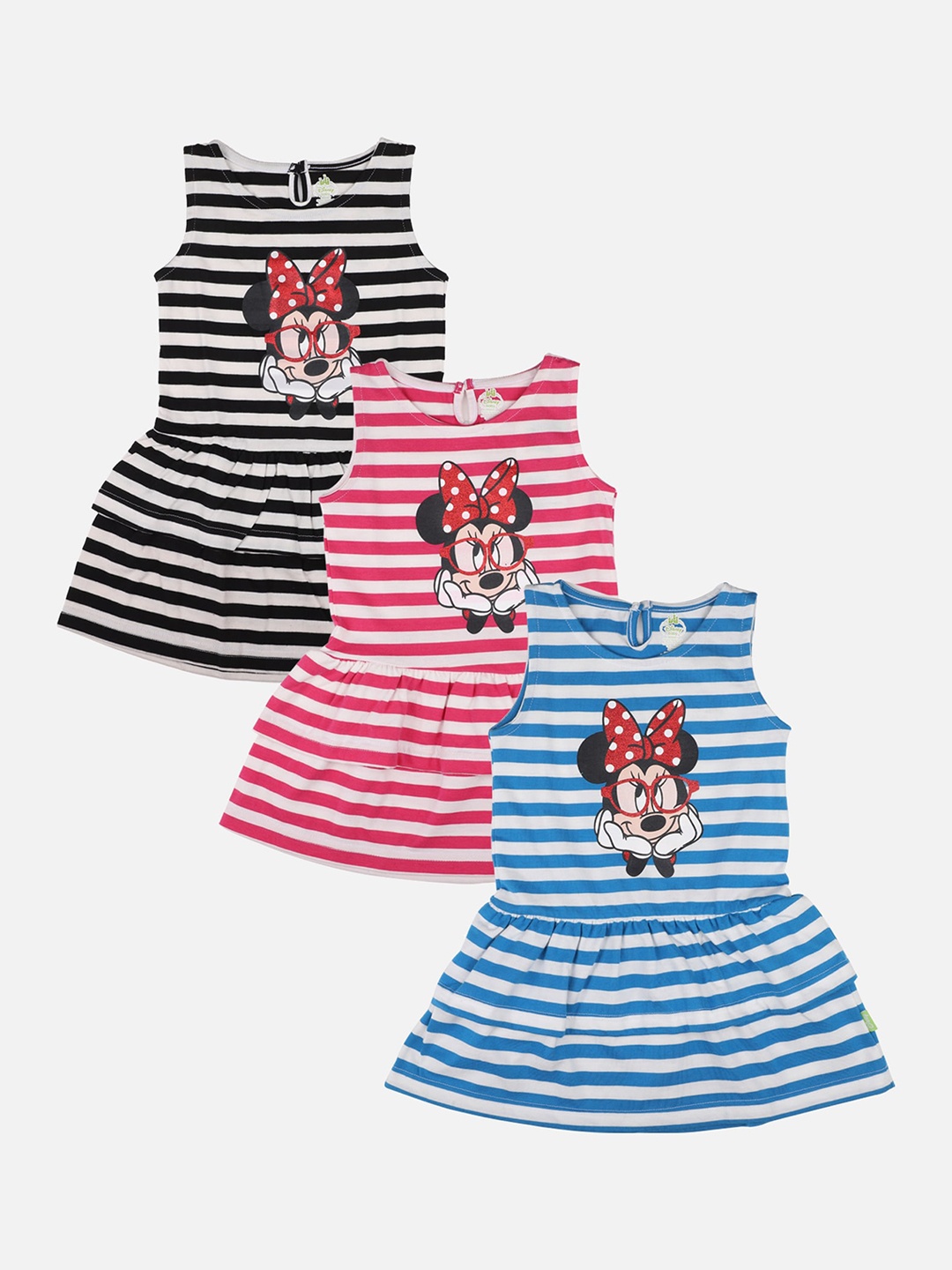 

Bodycare First Pack Of 3 Minnie & Friends Printed Striped A-Line Dresses, Fuchsia