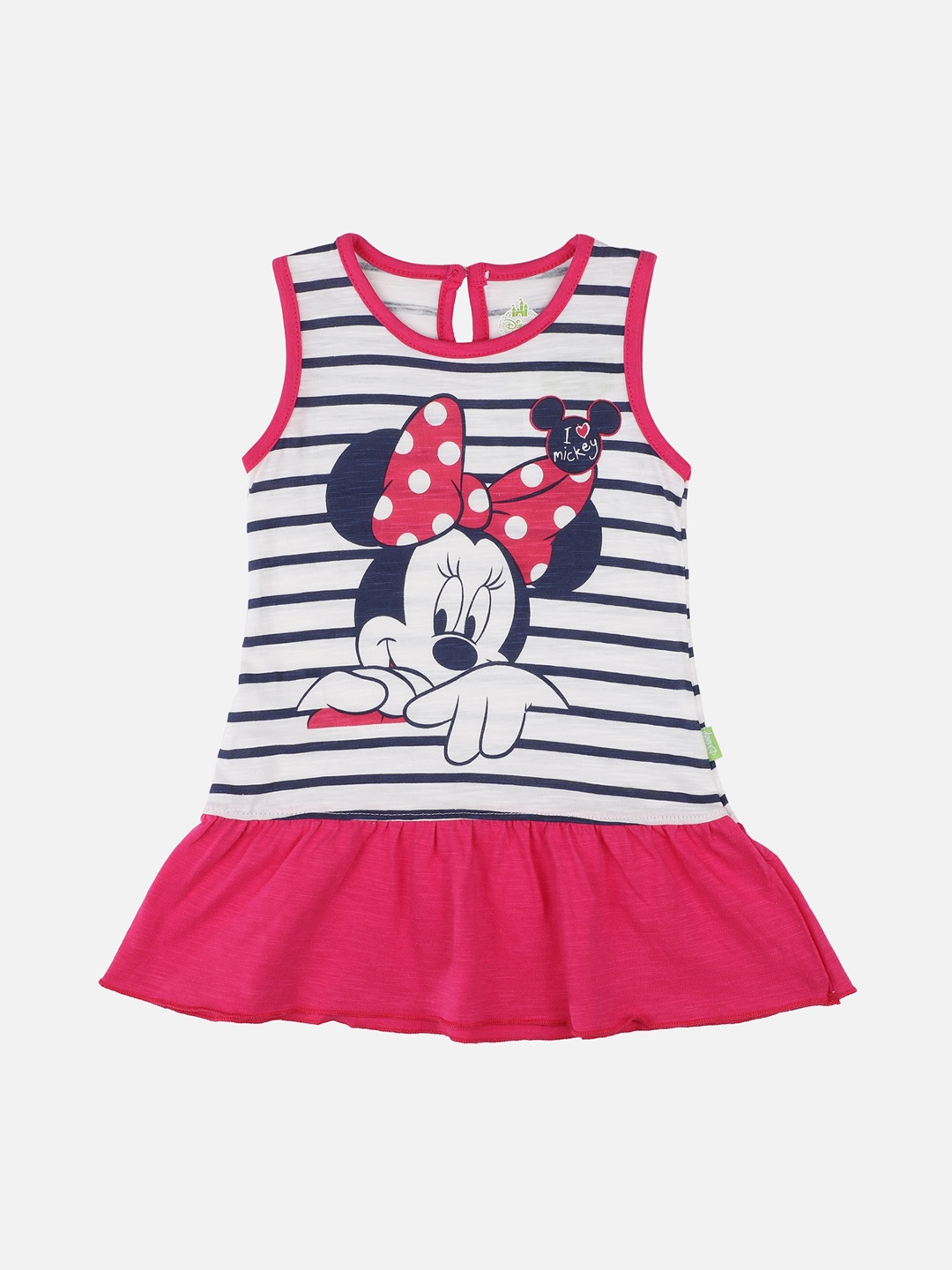 

Bodycare First Girls Fuchsia & White Striped Minnie Mouse Printed Drop-Waist Dress